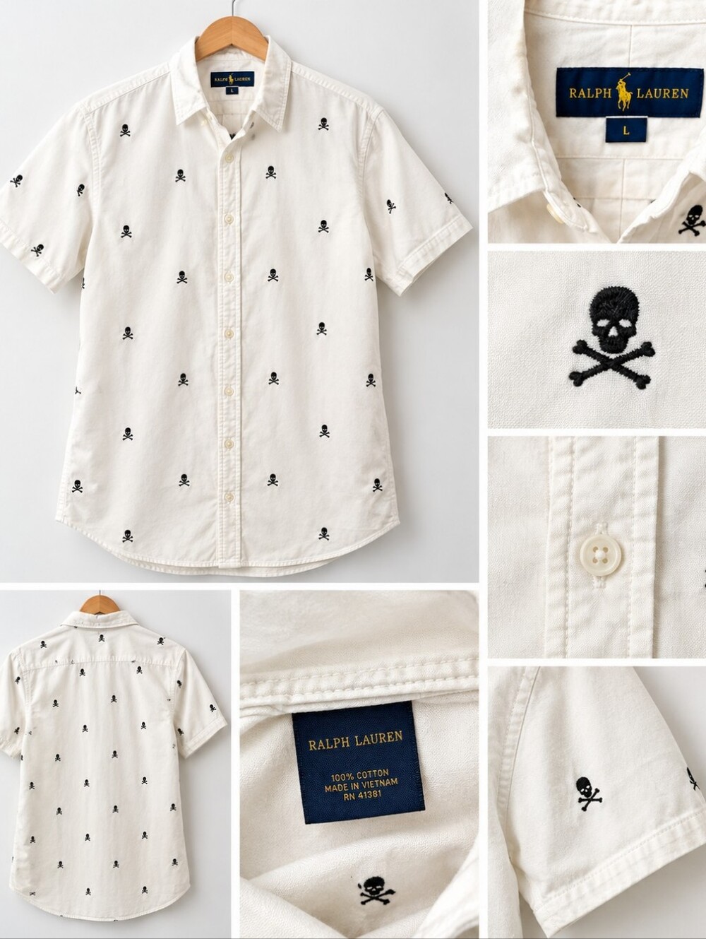 Ralph Lauren White Short-Sleeve Button-Down Shirt with Black Skull Embroidery